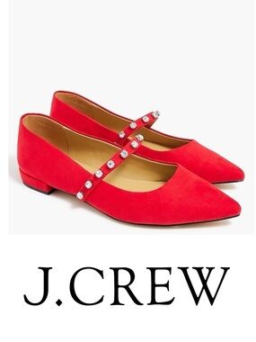☀️ J. Crew Red Jeweled Mary Jane Pointed Flats